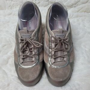 Skechers Lace Up Comfort Sneakers 22018 Leather Low Top Rhinestones Taupe 10